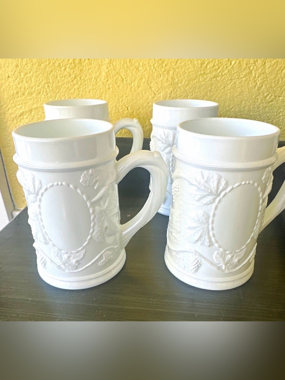 Vintage Indiana Glass Milk Glass Beer Steins - Medallion & Grapevine, Set of 4